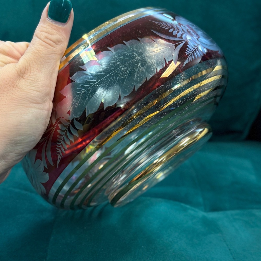 Etched Glass Bowl Ruby Red‎ Gold Band Floral Design Candy Dish Decor